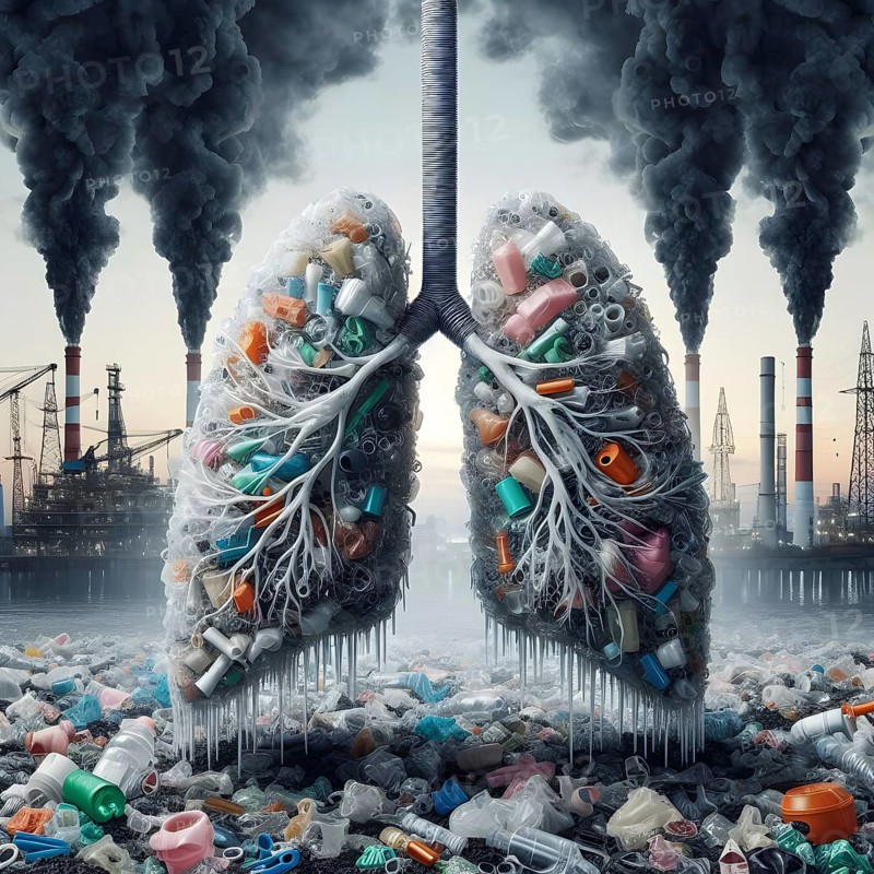 Air Pollution city and people suffers lung disease. Industrial pollution. Industrial smoke. Plastic pollution. Human lungs. AI generated
