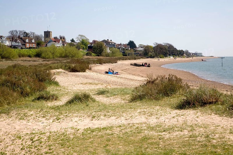 Sandy beach and village of West Mersea, Mersea Island, Essex, England, United Kingdom, Europe