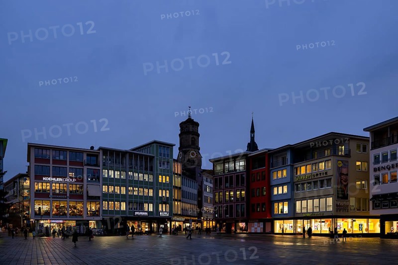 Market square, collegiate church, shops, retail, evening, blue hour, Stuttgart, Baden-Württemberg, Germany, Europe