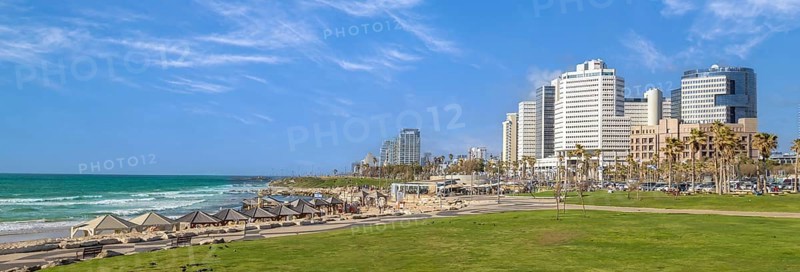 Scenic Israel Tel Aviv coastline seashore promenade with hotels and beaches near Old Jaffa port