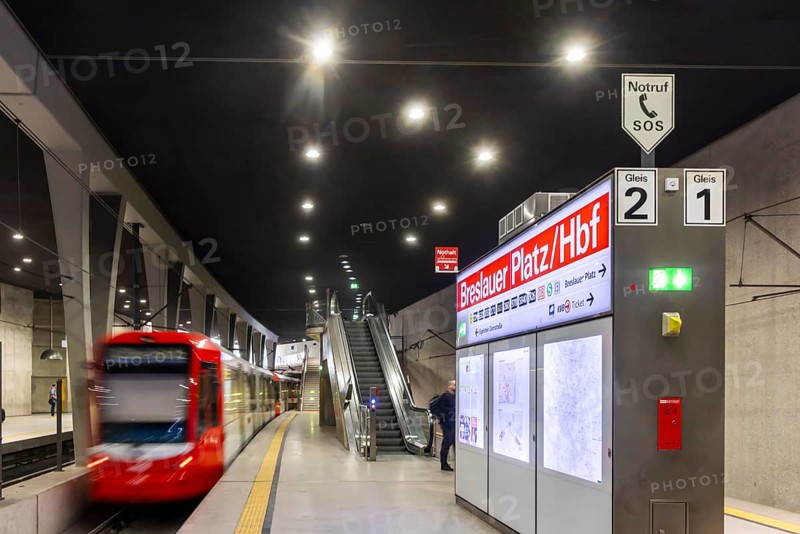Modern architecture of the Breslauer Platz central railway station light rail station with tram. Kölner Verkehrs-Betriebe AG (KVB) is a transport company that operates public transport in the city of Cologne, North Rhine-Westphalia, Germany, Europe