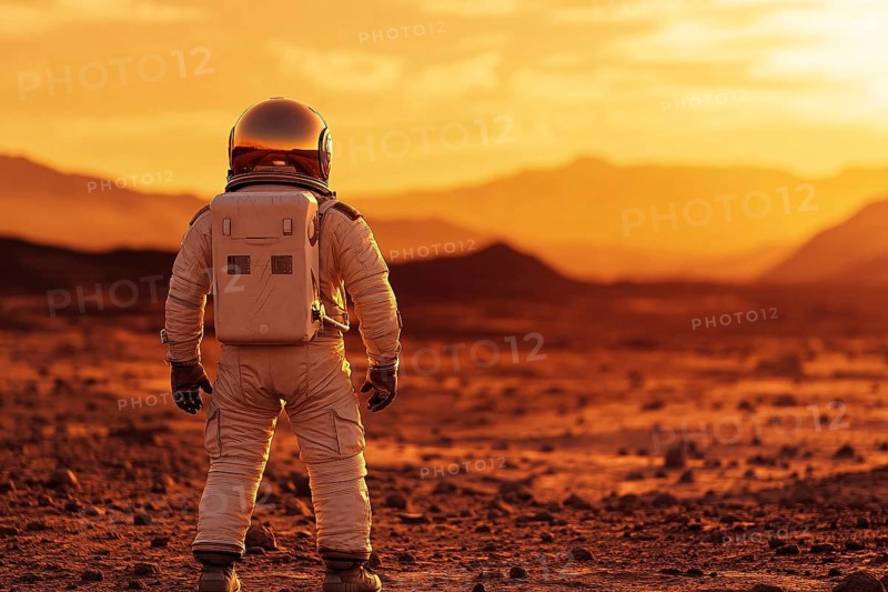 Back view of astronaut in suit standing on red planet Mars. Generative Ai, AI generated
