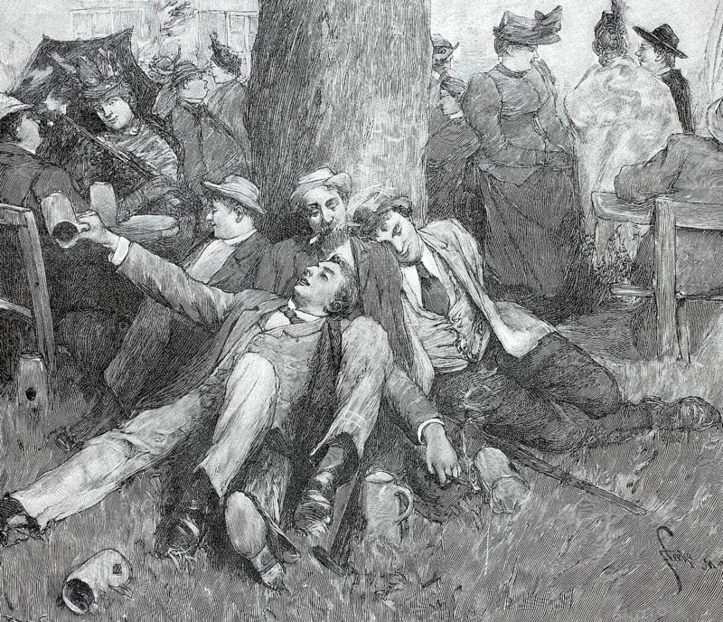After the fifth measure of beer, drunken fairgoers sleep off their intoxication by a tree, empty beer mugs, 1880, Bavaria, Germany, digital reproduction of an original 19th century artwork, historical, men in Victorian dress drinking and relaxing outdoors under a tree, Europe
