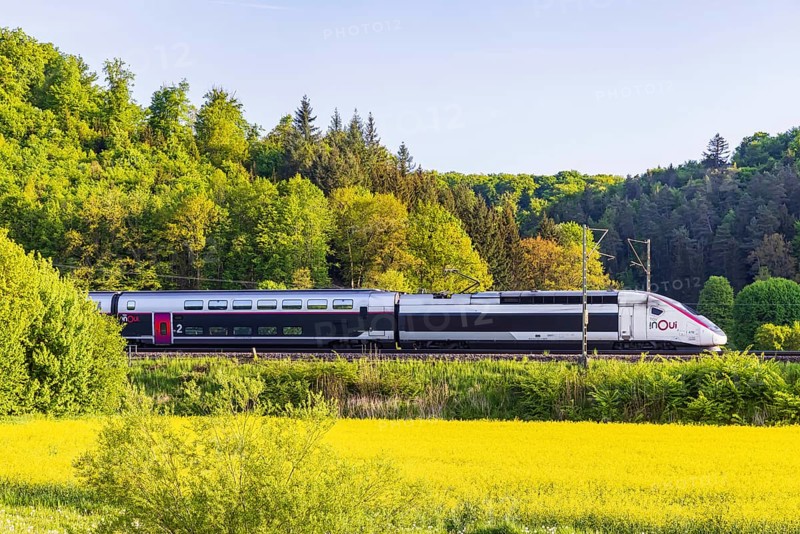 TGV travelling over the Swabian Alb. Idyllic landscape near Lonsee in spring at sunrise. Lonsee, Baden-Württemberg, Germany, Europe