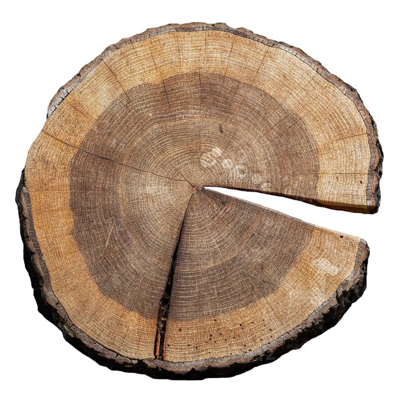 Cross section of pedunculate oak, English oak tree (Quercus robur) showing pattern of annual rings, tree rings, growth rings
