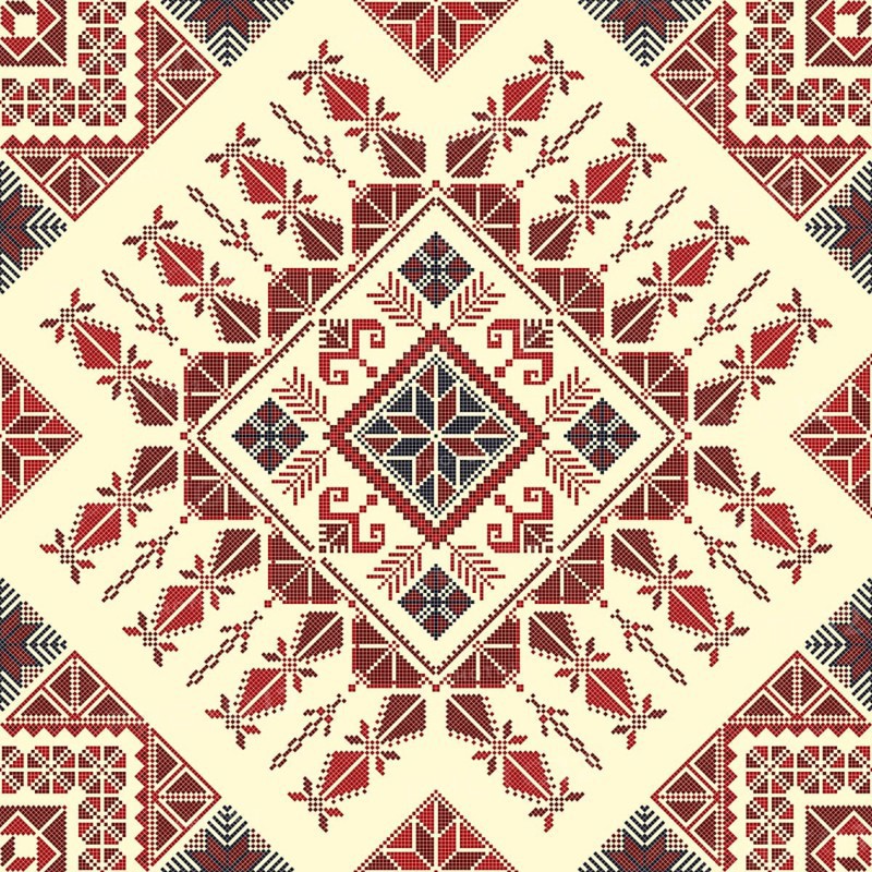 Decorative Palestinian seamless pattern in colors, traditional Tatreez embroidery, vector illustration