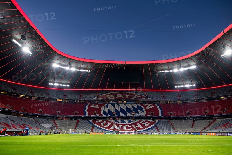 Evening match Allianz Arena, interior, illuminated, logo FC Bayern Munich, blue hour, UEFA Champions League Allianz Arena, Munich, Bavaria, Germany, Europe