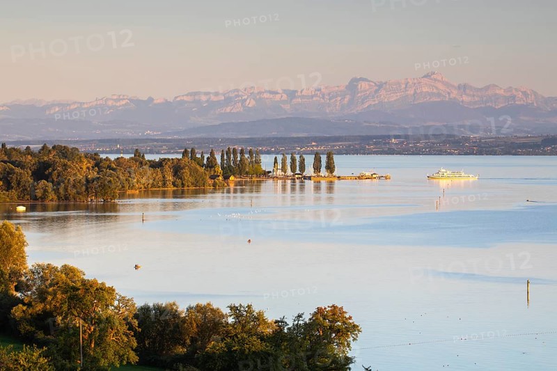 Unteruhldingen, Seefelder Achmündung, harbour, ship, alpine chain, clouds, water, summer, Lake Constance, Birnau, Baden-Württemberg, Germany, Europe