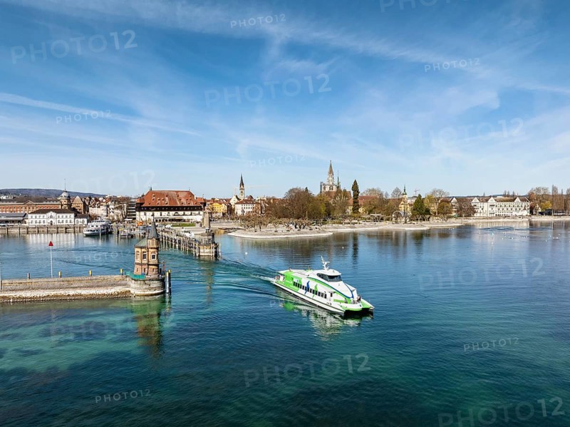 Aerial view of the harbour exit of Constance with the Lake Constance catamaran Fridolin from Lake Constance Schiffsbetriebe, which connects the cities of Constance and Friedrichshafen every hour all year round, passenger transport, shipping, Lake Constance, Constance district, Baden-Württemberg, Germany, Europe
