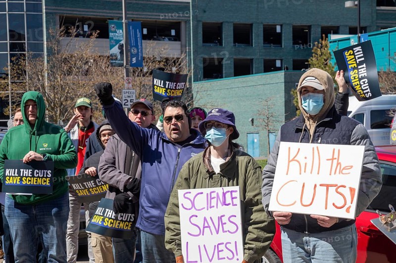 Detroit, Michigan USA - 8 April 2025 - Labor unions hold a 'Kill the Cuts' rally at Wayne State University, protesting Trump administration cuts to research, health care, and higher education. It was one of a many coordinated rallies across the United States