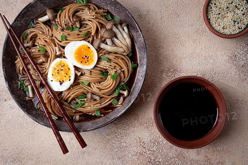Buckwheat noodles, soba, with shimeji mushrooms, boiled egg, green onion, homemade, no people