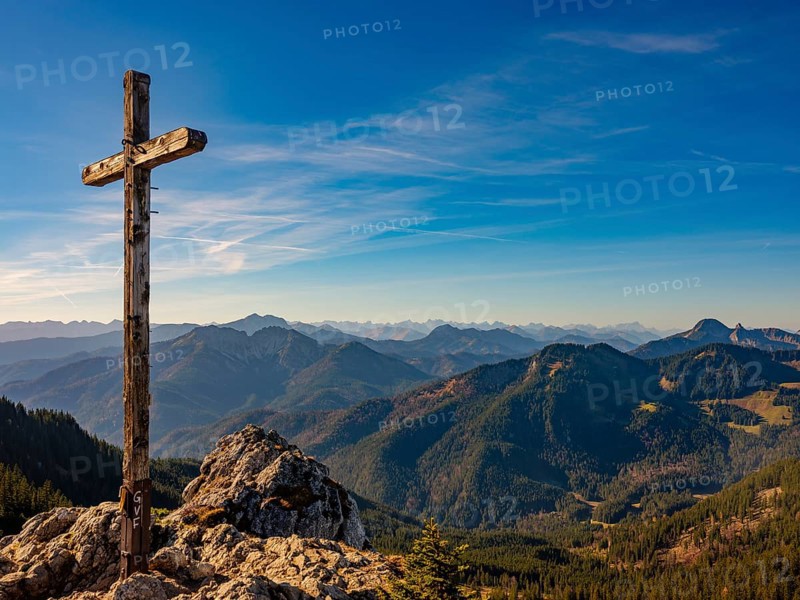 Summit cross of the Taubenstein, view of mountain panorama, behind Karwendel and Zugspitze, Mangfall mountains, Spitzingsee, Upper Bavaria, Bavaria, Germany, Europe