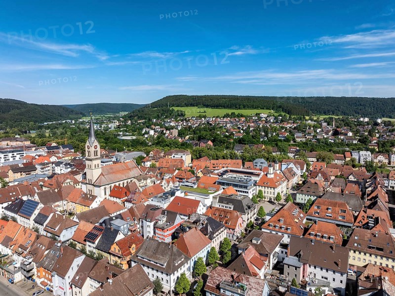 Aerial view of the city centre of Tuttlingen with the Protestant church of St. Peter and Paul, district of Tuttlingen, Black Forest, Baar, Heuberg, Baden-Württemberg, Germany, Europe