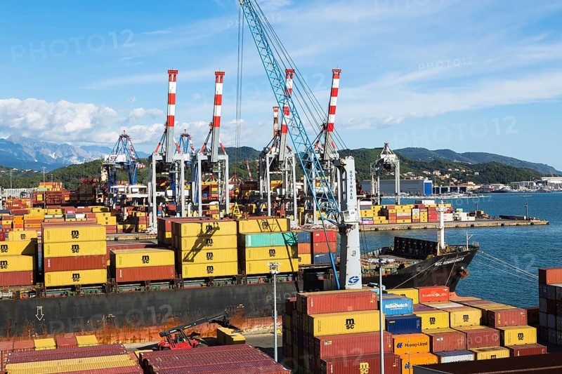 High angle view of stacked MSC, TEX and NileDutch metal box shipping containers loaded onto MSC Renaissance III cargo ship in La Spezia cargo Port, Italy, Europe