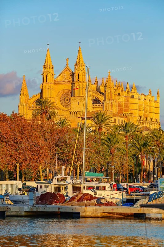 View of La Seu Cathedral from Palma de Mallorca harbour, Palma de Mallorca, Mallorca, Balearic Islands, Spain, Europe