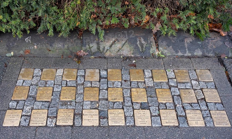 Stolpersteine, copper memorial plaques of murdered Jewish citizens during the Nazi era, Maximiliansplatz, Erlangen, Middle Franconia, Bavaria, Germany, Europe