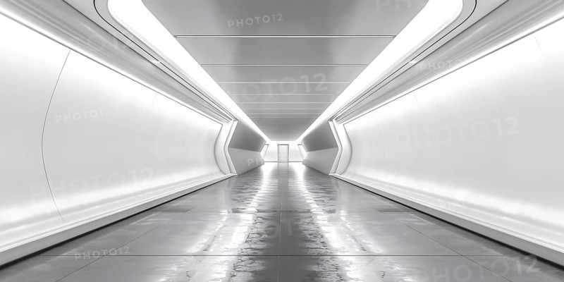 Futuristic long bright white hallway. Generative AI, AI generated