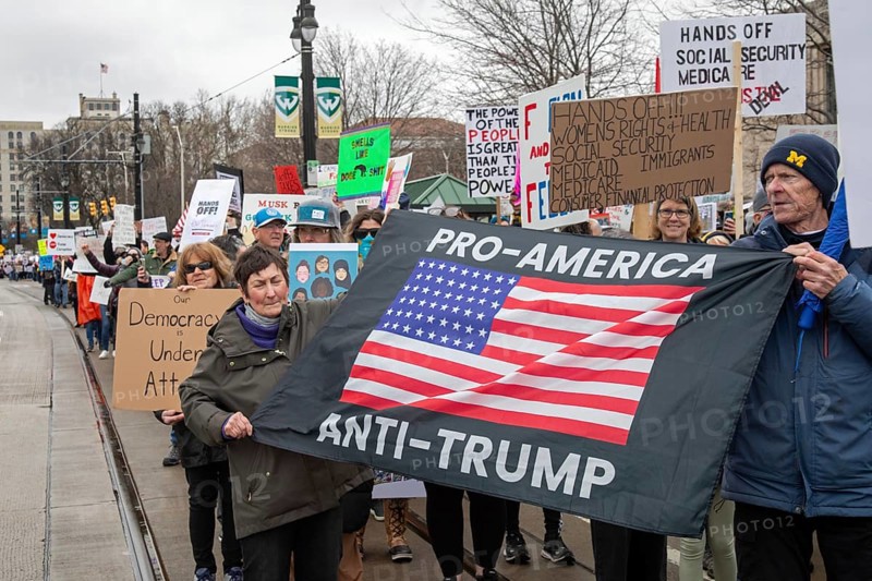 Detroit, Michigan USA - 5 April 2025 - A 'Hands Off' demonstration protests the Trump Administration's cuts to government programs. It was one of hundreds of coordinated protests across the United States