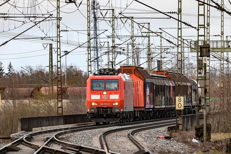 Goods train travelling on the winding Schuster Railway, overhead lines and infrastructure. Stuttgart, Baden-Württemberg, Germany, Europe