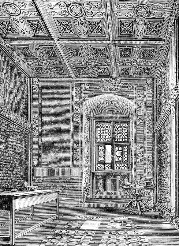 Martin Luther's monastery cell in the 13th century Augustinian monastery in Erfurt, Luther's time as a monk 1505-1511, interior, windows with stained glass, tables, decorated wooden ceiling, historical illustration 1883