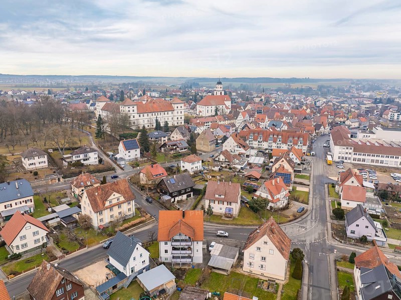 Overview of a charming town with a dominant church tower in the middle of a quiet neighbourhood, Meßkirch, district of Sigmaringen, Germany, Europe