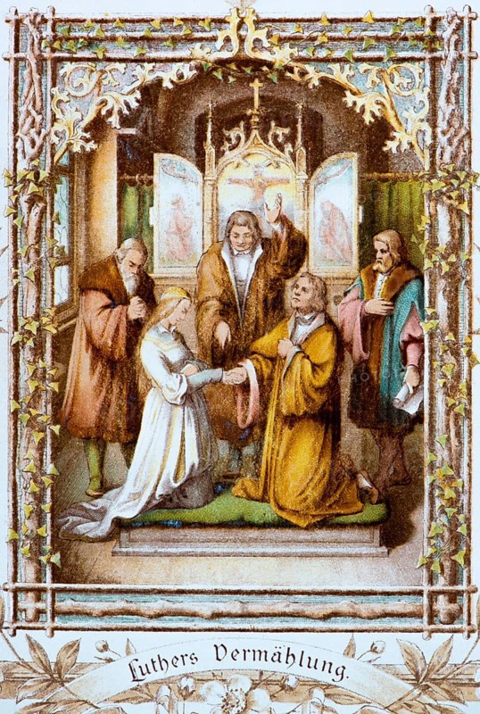 Luther marries Katharina von Bora in 1499, wedding scene in front of the altar in the church, altar wings opened, priest blesses the two, witnesses to the marriage stand next to them, picture with inscription and ornamentation, stations from Dr Martin Luther's life, coloured illustration ca. 1890