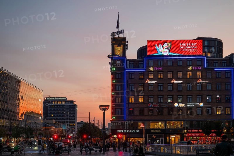 Neon sign, City Hall Square or Rådhuspladsen in the evening, Hans Christian Andersen's Boulevard, Copenhagen, Denmark, Europe