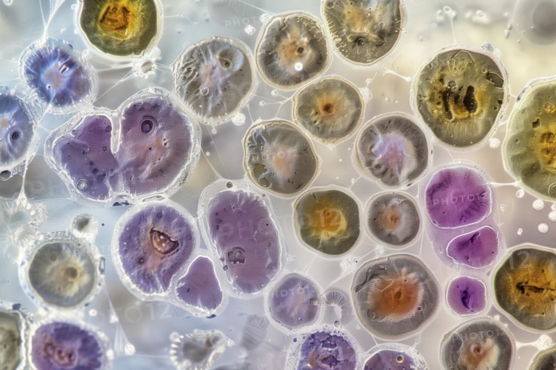 Close-up of microscopic cells of bacteria in different colours, AI generated, AI generated