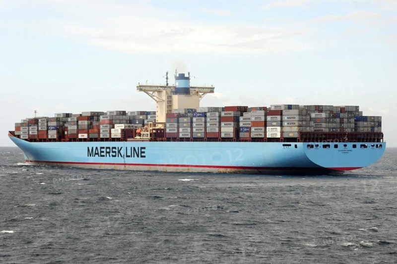 Large Maersk Line container ship loaded on the high seas under a bright blue sky, Morocco, Africa
