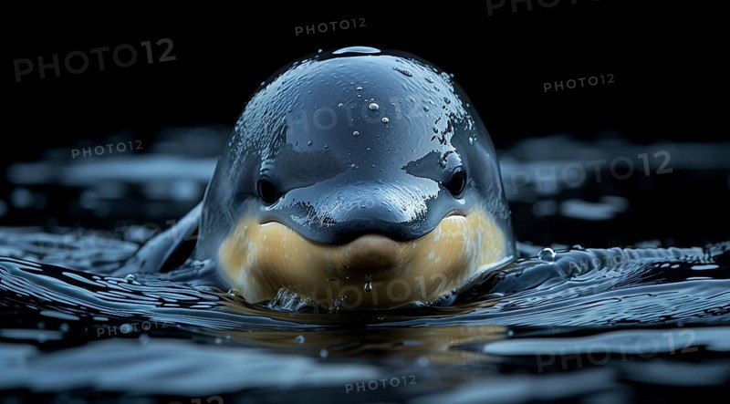 Vaquita porpoise or cochito (Phocoena sinus) with a calm expression emerging from dark rippling water, ai generated, AI generated