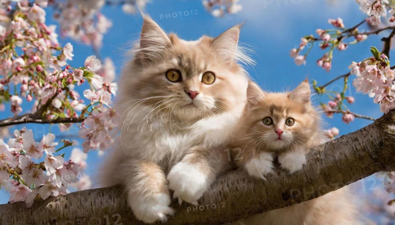KI generated, animal, animals, mammal, mammals, cat, felidae (Felis catus), pedigree cat, pedigree cats, a cream-coloured Main Coon cat resting in a fruit tree, tree blossom, mother cat with kitten