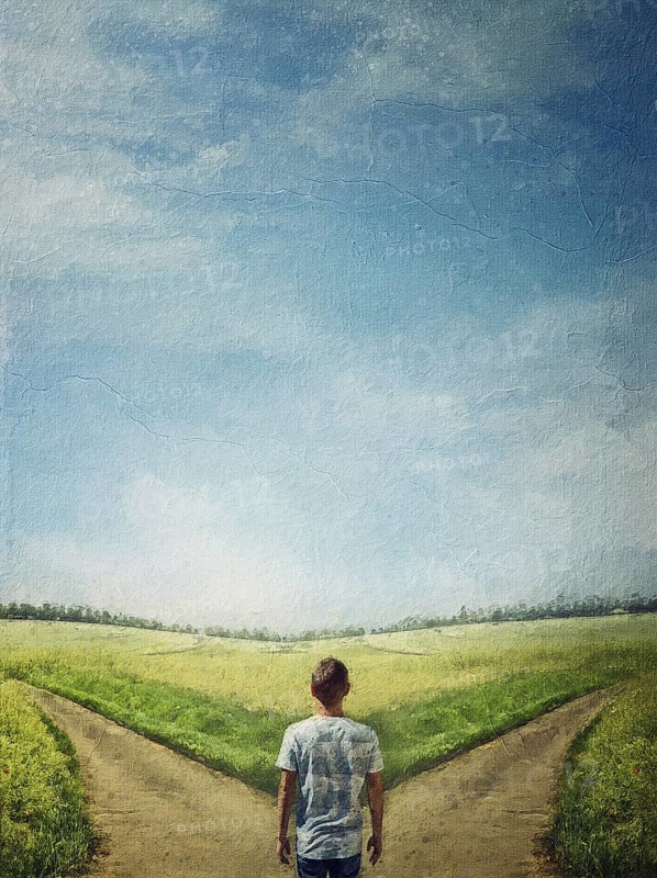 Conceptual painting with a doubtful person at a crossroad choosing the correct path between left and right. The road to success, way choice concept. Difficult decision, life dilemma