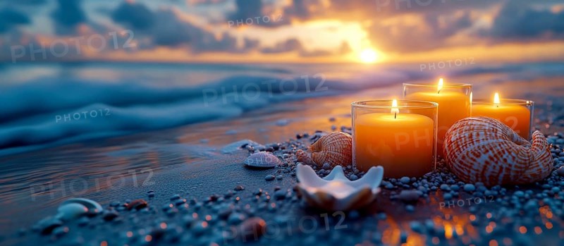 Relaxing beach scene at sunset with candles and seashells, creating a soothing atmosphere with orange and blue shades, AI generated