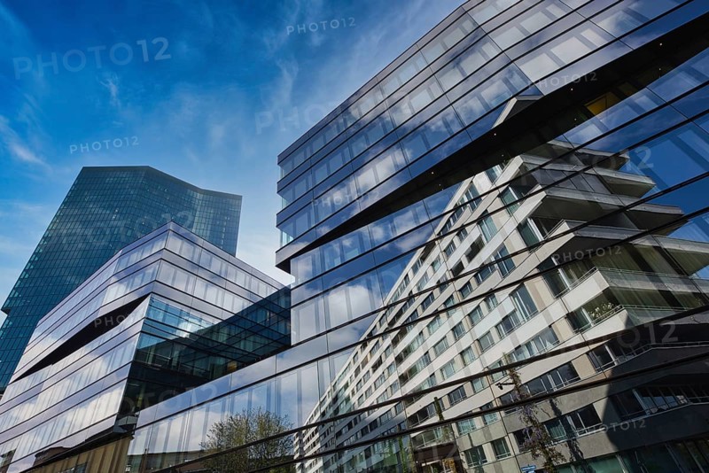 Modern glass building with impressive reflection of the blue sky in the city, Prime Tower, Zurich, glass façade, reflections, Canton of Zurich, Switzerland, Europe