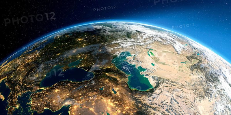 Highly detailed Earth with atmosphere, exaggerated relief and light-flooded cities. Transition from night to day. Europe. Caucasus and the Caspian Sea. 3D rendering. Elements of this image furnished by NASA