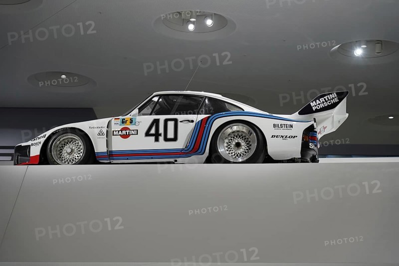 A Porsche 935 with Martini Racing design, on display in the museum, New Porsche Museum 2009, Stuttgart, Baden-Württemberg, Germany, Europe
