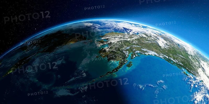Highly detailed Earth with atmosphere, exaggerated relief and light-flooded cities. Transition from night to day. Chukotka, Alaska and the Bering Strait. 3D rendering. Elements of this image furnished by NASA