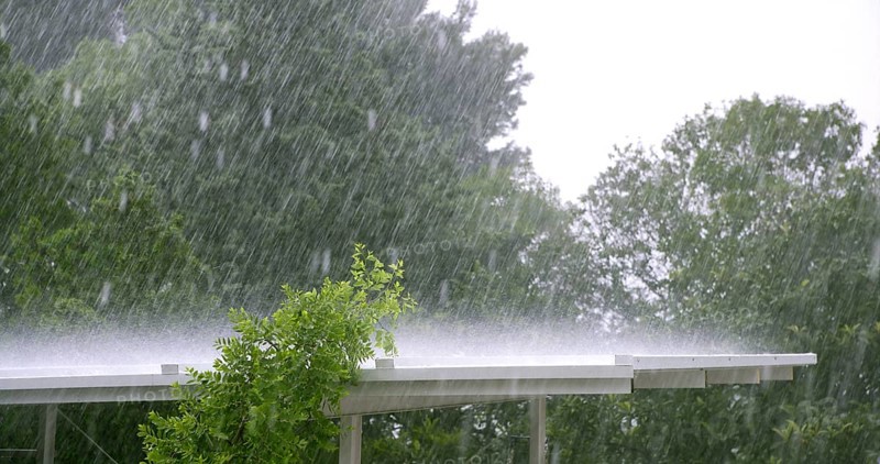 Raining over a white roof in a hurricane storm, trees in background
