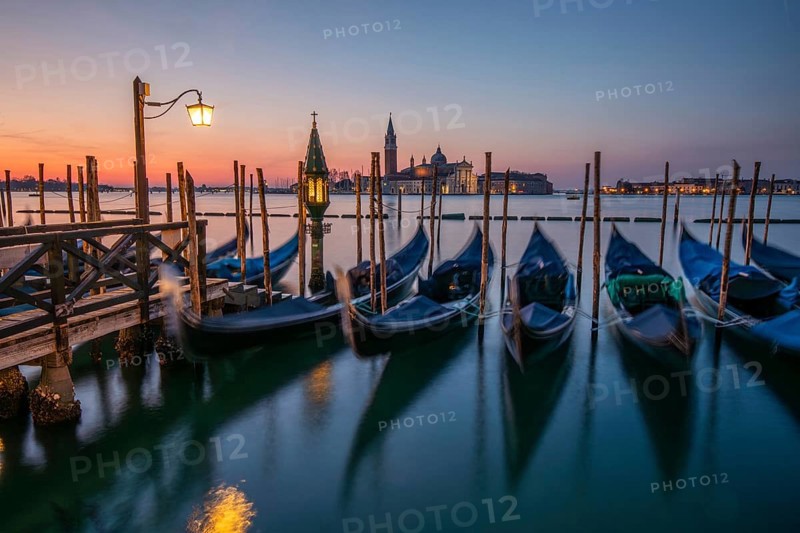 Dawn, Venetian gondolas with the church of San Giorgio Maggiore in the background, Venice, UNESCO World Heritage Site, Veneto, Italy, Europe