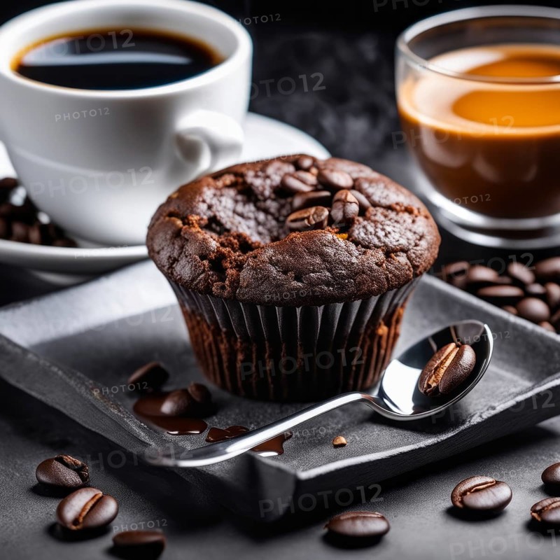 A cup of black coffee and a chocolate muffin with scattered coffee beans and a spoon, AI generated