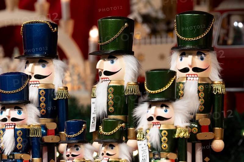 Various nutcrackers in a festive arrangement, popular Christmas decoration at a Christmas market, Cologne, North Rhine-Westphalia, Germany, Europe