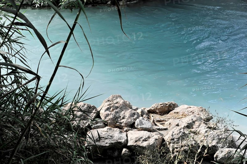 Clear river with natural stones and surrounded by lush plants, Terme di Saturnia, Cascate del Molino, waterfall, thermal spring, sulphurous thermal water, Saturnia, Province of Grosseto, Tuscany, Italy, Europe
