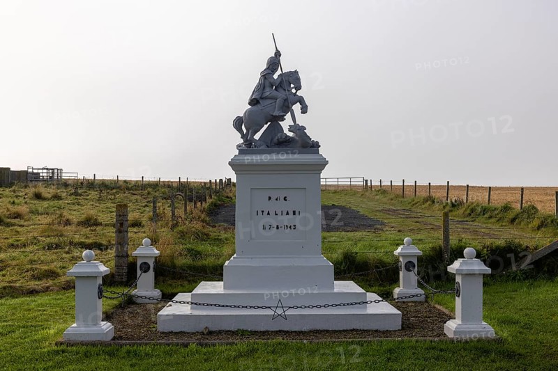 St George Sculpture, War Memorial, war memorial in front of the Italian chapel, Lamb Holm, Orkney, Scotland, Great Britain