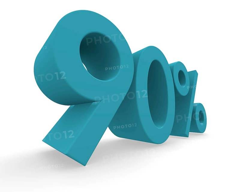 90 percent in turquoise on a white background 3d rendering