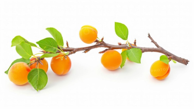 Branch with fresh apricots and leaves casting a small shadow on a white background, AI generated