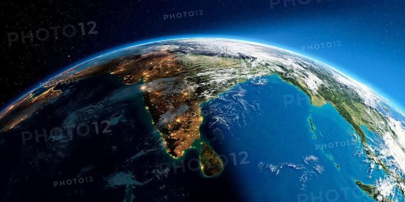 Highly detailed Earth with atmosphere, exaggerated relief and light-flooded cities. Transition from night to day. India and Sri Lanka. 3D rendering. Elements of this image furnished by NASA