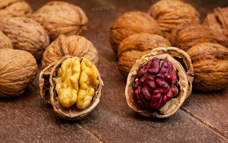 Red Danube and Juglans regia walnuts on wooden background, comparison concept. It originated from a cross between English and Persian walnut trees