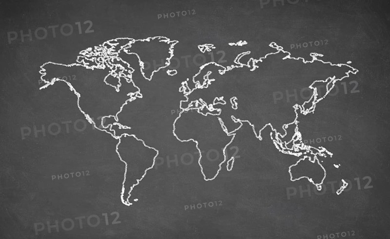 World map drawn on chalkboard. Chalk and blackboard