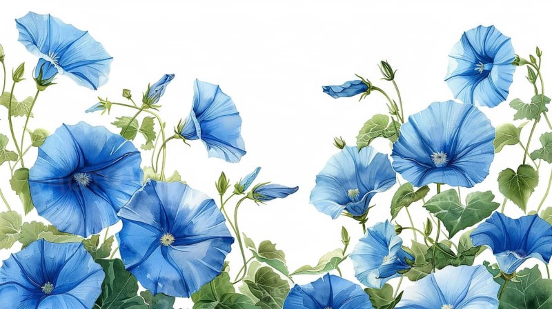 Watercolor painting of blue flowers with green leaves on a white background, AI generated
