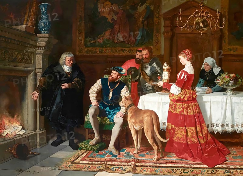 Jakob Fugger burning the debenture bonds of Emperor Charles V at the Fuggers' House, Augsburg, 1535, digitally edited according to a painting by Karl Becker